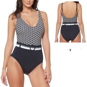 Bleu Rod Beattie Belted Black And White One Piece Swimsuit - Sz 12